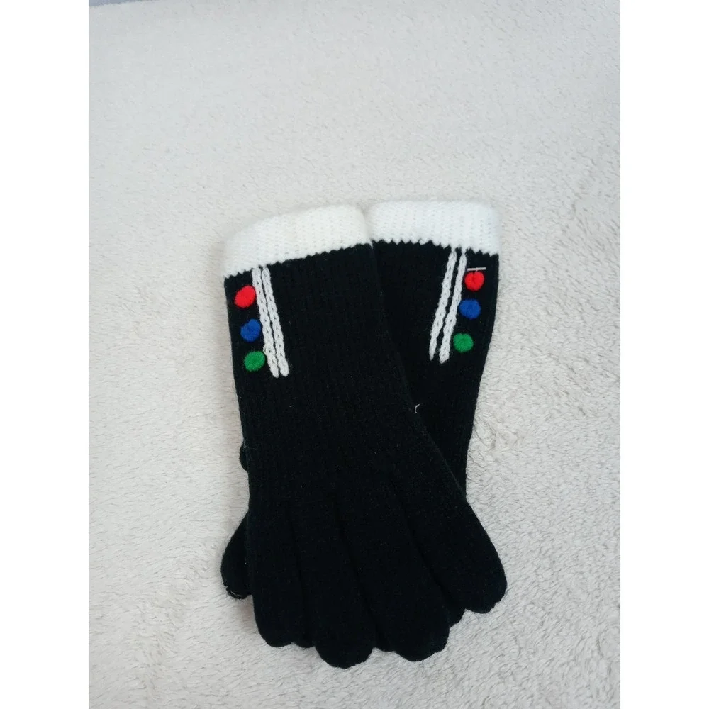 Vintage Sears Gloves Black Knit White Cuff Traffic Light Buttons Mod 60s‎ NOS